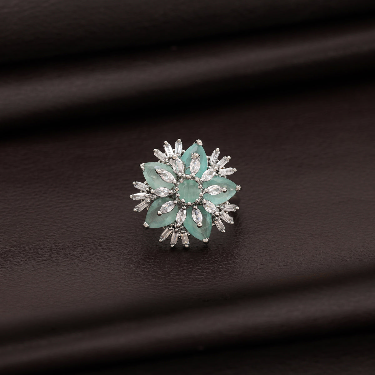Refreshing Pastel Pista Green Color American Diamond Ring For Elegant Partywear