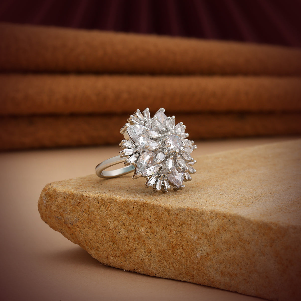 Sparkling Diamond Silver Color American Diamond Statement Ring For Contemporary Styling