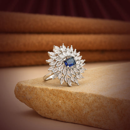 Royal Ocean Blue Color American Diamond Cocktail Ring For Formal Evening Gatherings