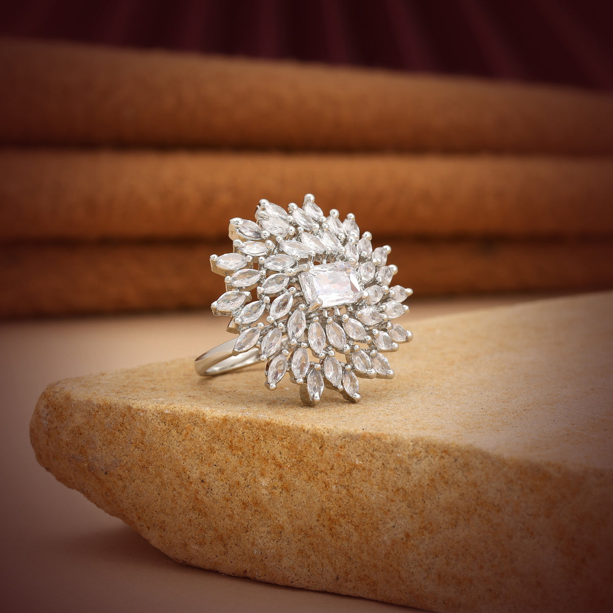 Sleek Metallic Silver Color American Diamond Solitaire Ring For Everyday Fashion