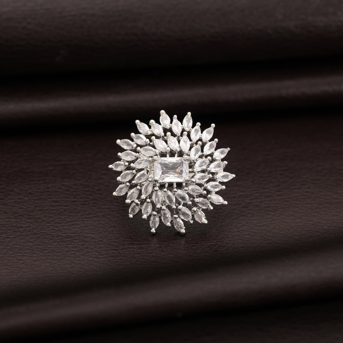 Sleek Metallic Silver Color American Diamond Solitaire Ring For Everyday Fashion