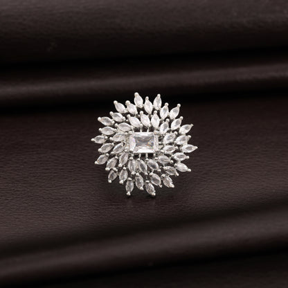Sleek Metallic Silver Color American Diamond Solitaire Ring For Everyday Fashion