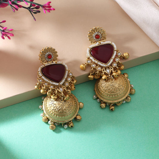 Gorgeous Maroon Color Amrapali Earrings With Antique Finish For Traditional Wear