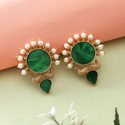 Royal Green Color Amrapali Earrings With Antique Finish For Festive Wear