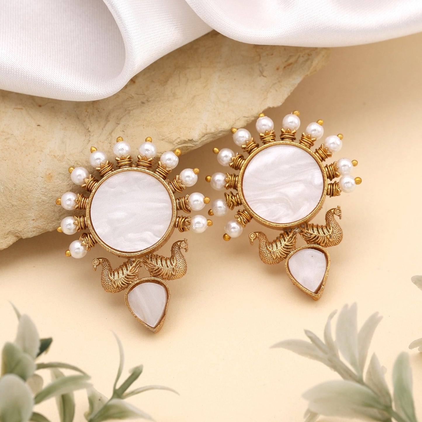 Classic White Color Amrapali Earrings With Stone Studded Traditional Craftwork