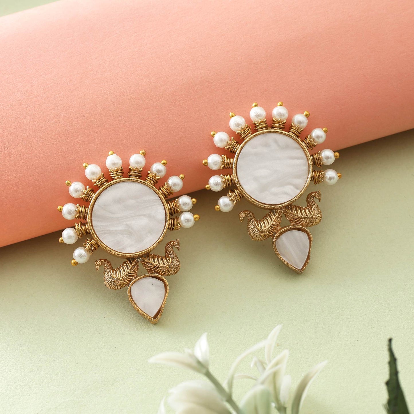 Classic White Color Amrapali Earrings With Stone Studded Traditional Craftwork