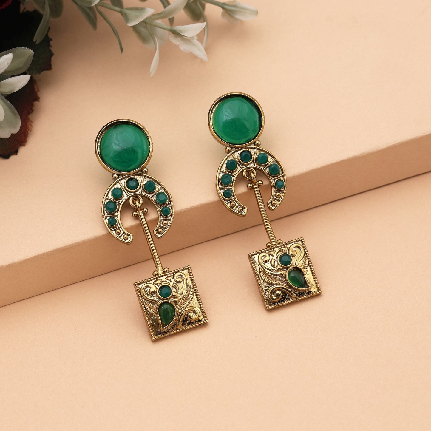 Stylish Green Color Monalisa Stone Earrings For Traditional Wedding Looks