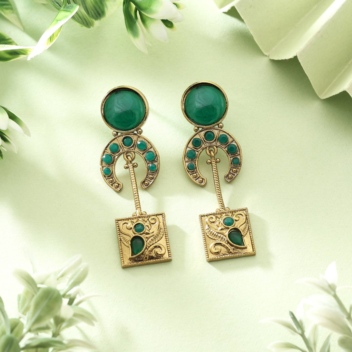 Stylish Green Color Monalisa Stone Earrings For Traditional Wedding Looks