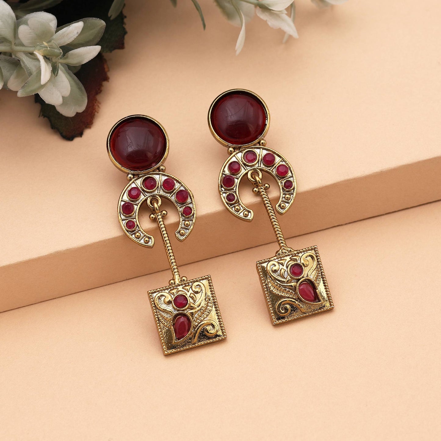 Royal Maroon Color Monalisa Stone Earrings With Sparkling Designer Finish
