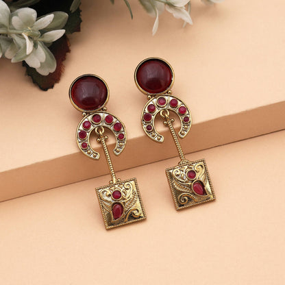 Royal Maroon Color Monalisa Stone Earrings With Sparkling Designer Finish