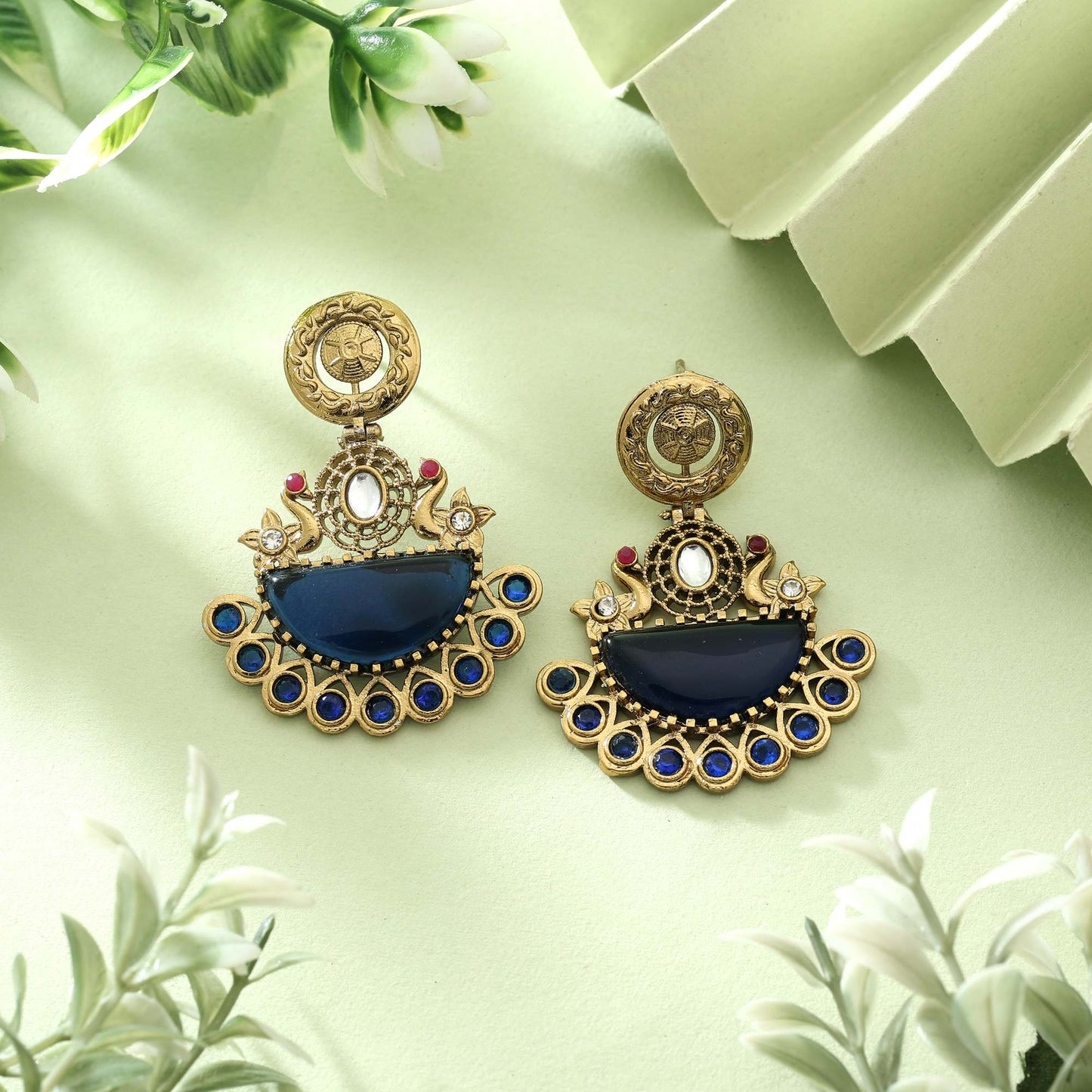 Eye-Catching Blue Color Monalisa Stone Earrings For Ethnic And Party Wear
