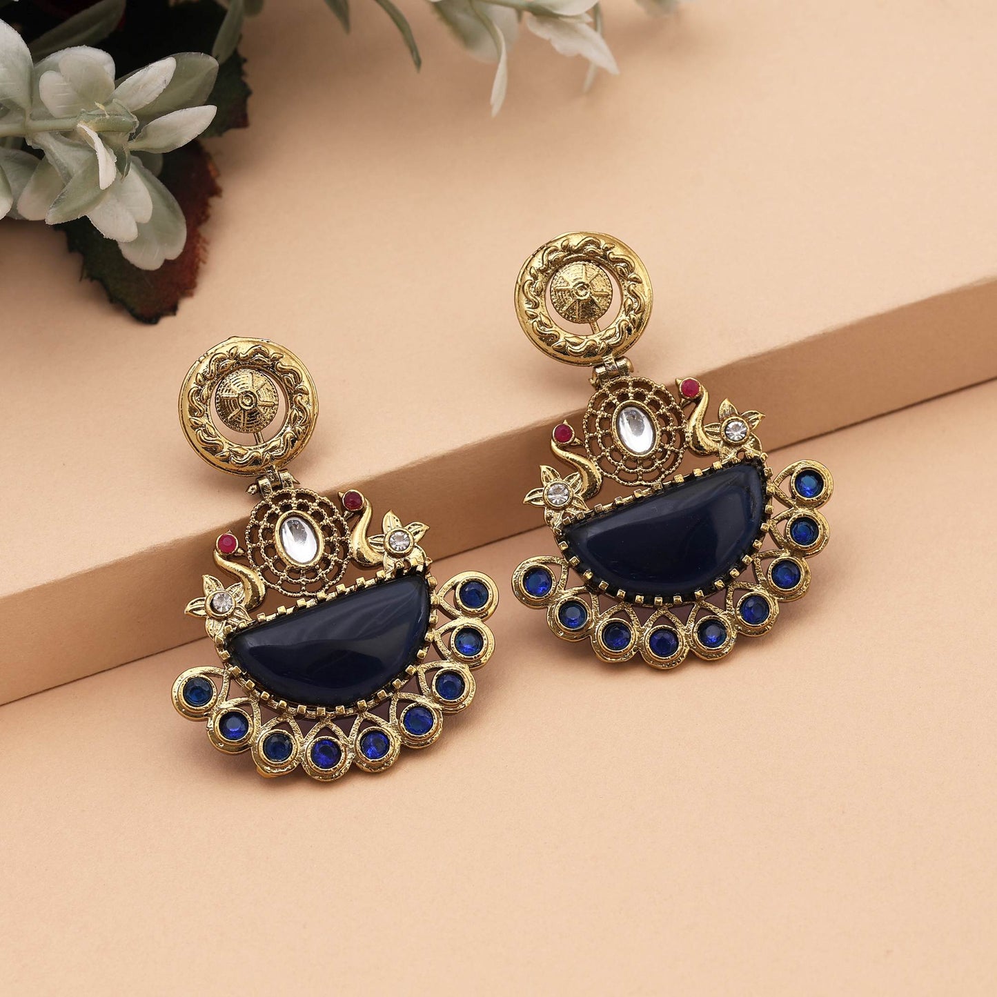 Eye-Catching Blue Color Monalisa Stone Earrings For Ethnic And Party Wear