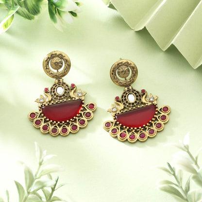 Gorgeous Red Color Monalisa Stone Earrings With Crystal And Kundan Finish