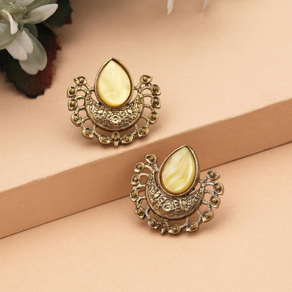 Lovely Light Yellow Color Monalisa Stone Earrings For Elegant Festive Wear