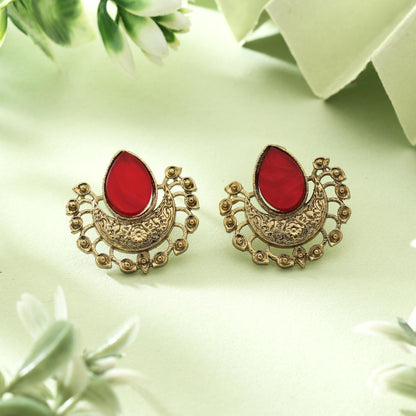 Beautiful Red Color Monalisa Stone Earrings For Wedding And Festive Occasions