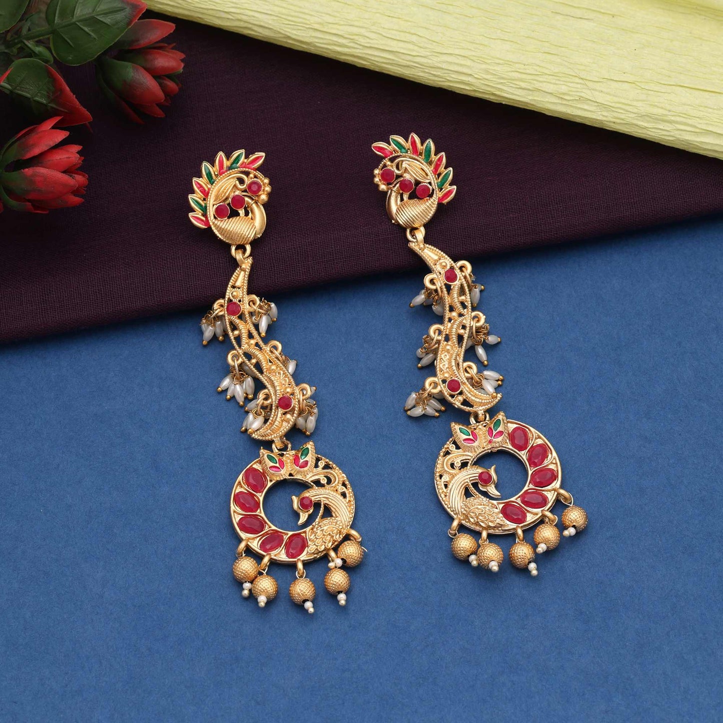 Rani Color Heavy Traditional Amrapali Earrings For Bridal And Festive Wear