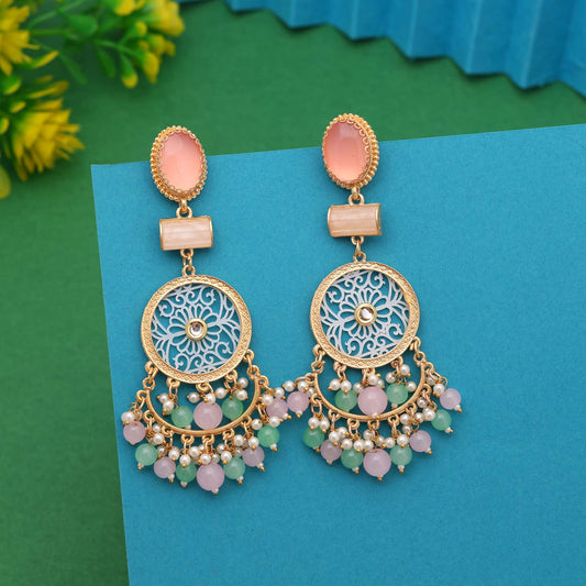 Pink & Pista Green Color Multitone Amrapali Earrings For Elegant Ethnic Outfits