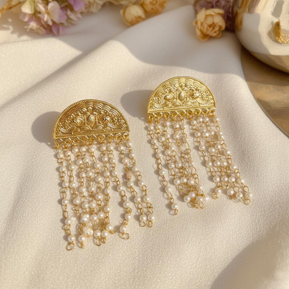 White Color Traditional Amrapali Earrings Elegant Ethnic Temple Style Jewelry