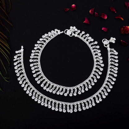 Beautiful Silver Color Anklets Designed with Traditional Indian Artistic Craft for Wedding Events