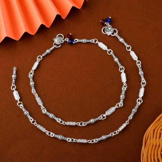 Elegant Silver Color Oxidised Anklet Crafted With Artistic Detailing For Bridal And Cultural Outfits