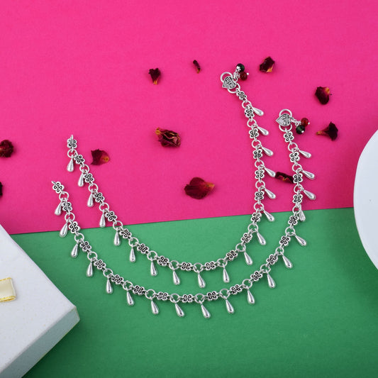 Gorgeous Silver Color Oxidised Anklet Crafted With Handmade Artistic Detailing For Women’S Jewelry