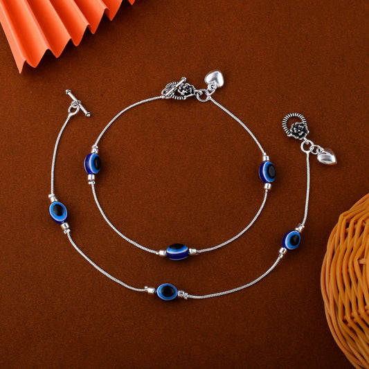 Beautiful Blue Color Evil Eye Oxidised Anklet Designed For Bridal Wear, Parties, And Cultural Styling