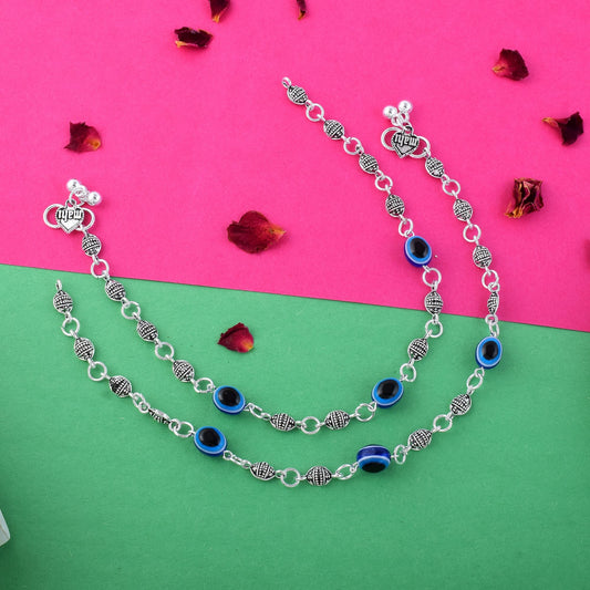 Gorgeous Blue Color Evil Eye Oxidised Anklet Designed With Artistic Detailing For Brides And Festivals