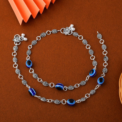 Gorgeous Blue Color Evil Eye Oxidised Anklet Designed With Artistic Detailing For Brides And Festivals
