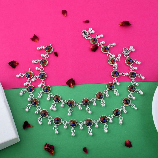 Exclusive Multi Color Peacock Feather Oxidised Anklet Designed For Bridal, Cultural, And Party Styling