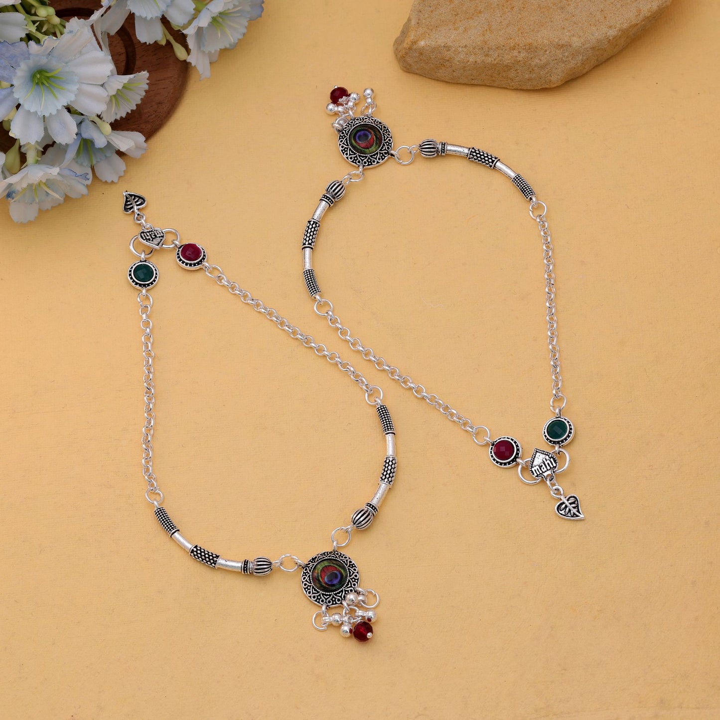Peacock Feather Multi Color Oxidised Anklet For Unique Looks