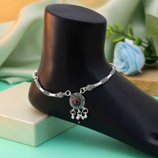 Peacock Feather Multi Color Oxidised Anklet For Unique Looks