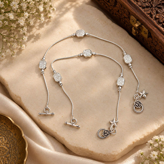 Classic Silver Color Oxidised Anklet For Traditional Party Looks