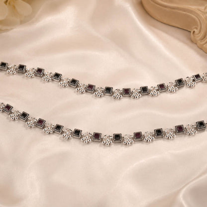 Rani & Black Color Oxidised Anklet with Traditional Floral Pattern and Elegant Ethnic Appeal