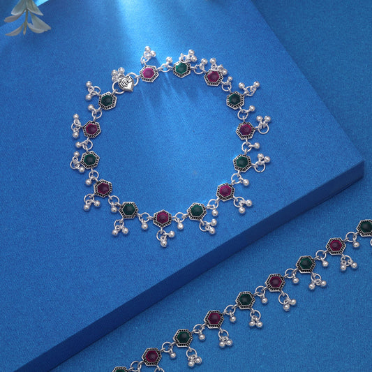 Rani & Green Color Oxidised Anklet Featuring Artistic Tribal Styling