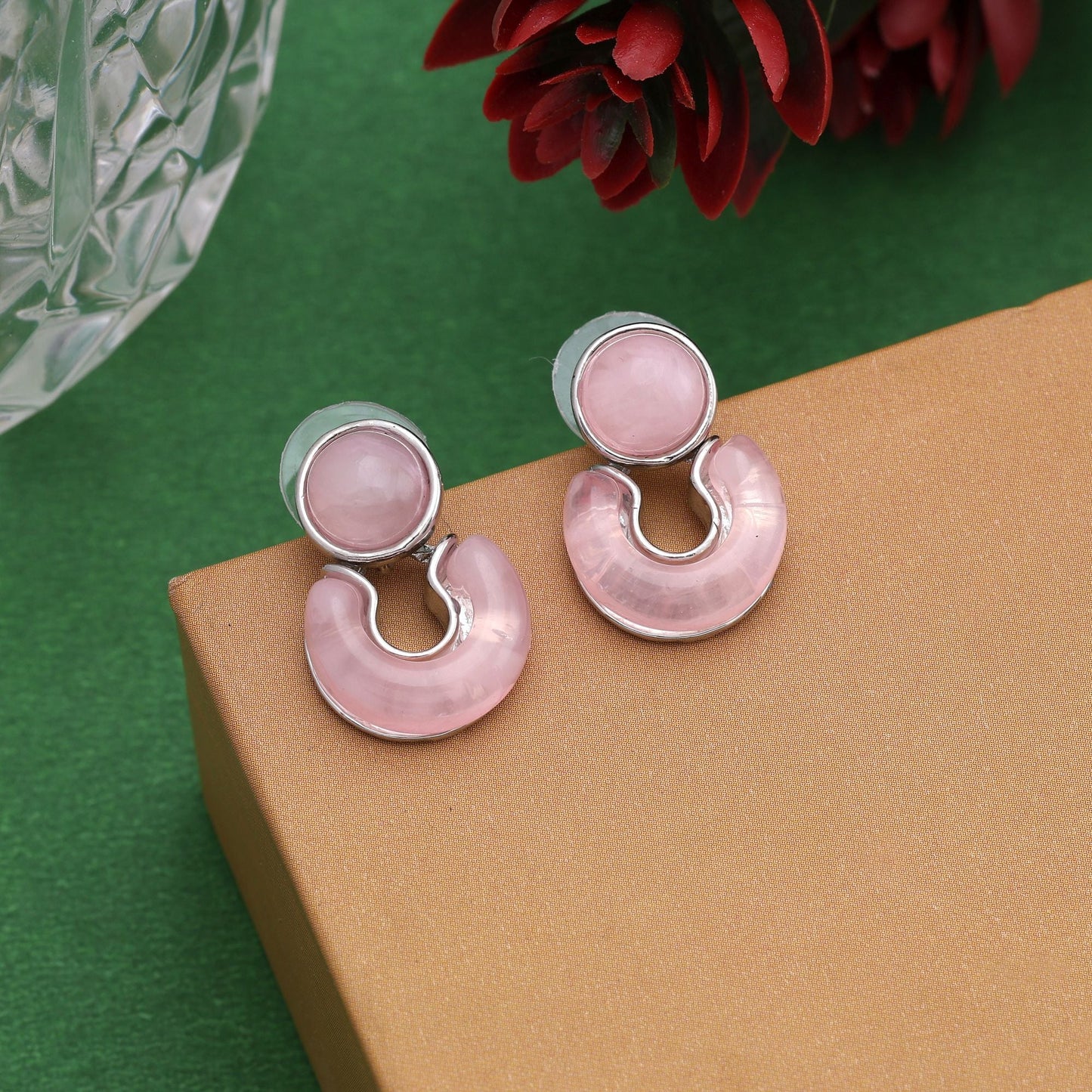 Gorgeous Pink Color Anti Tarnish Earrings With Stone Detailing For Wedding Looks