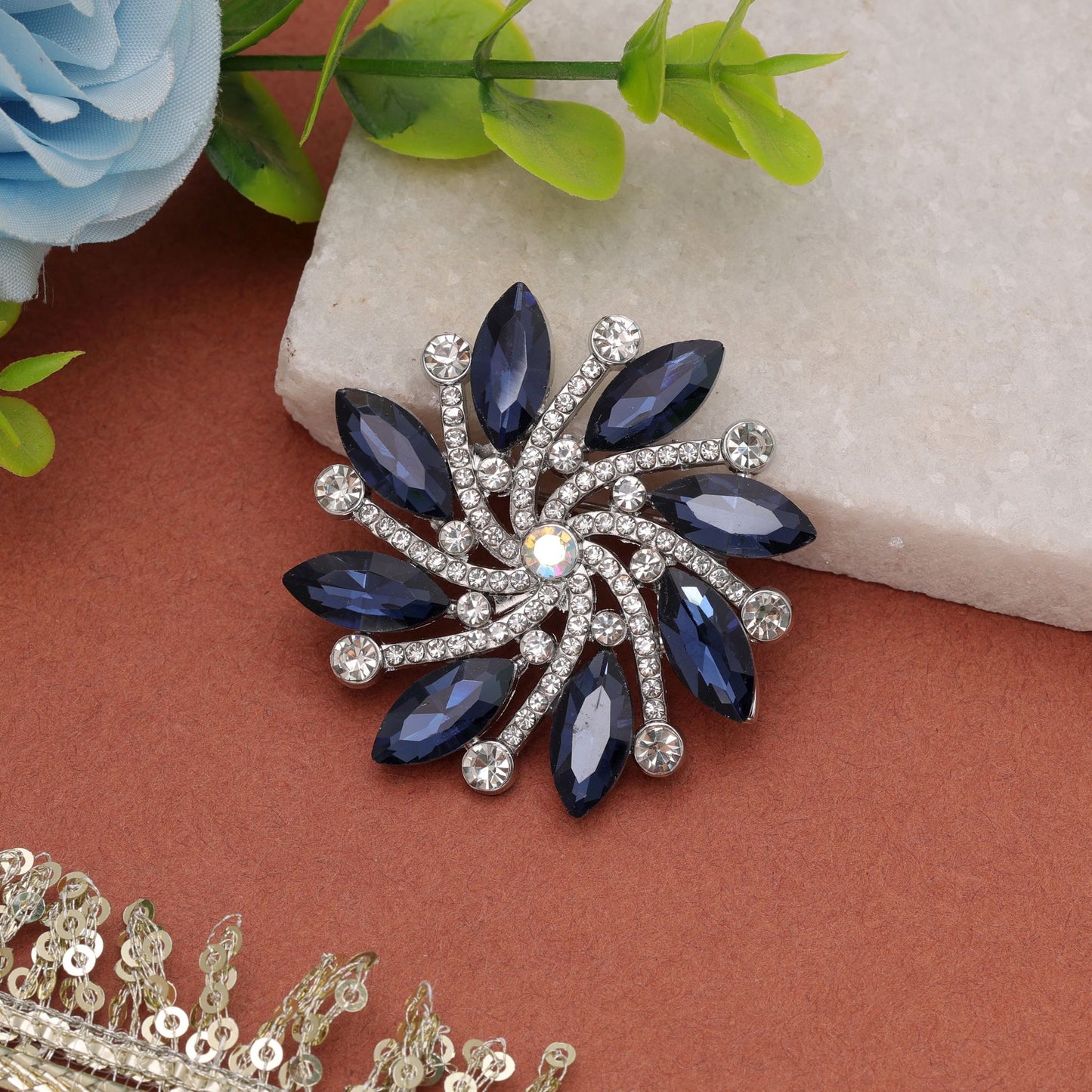 Blue Color Floral Design Brooch Crafted with Stylish Pattern and Beautiful Accessory Finish