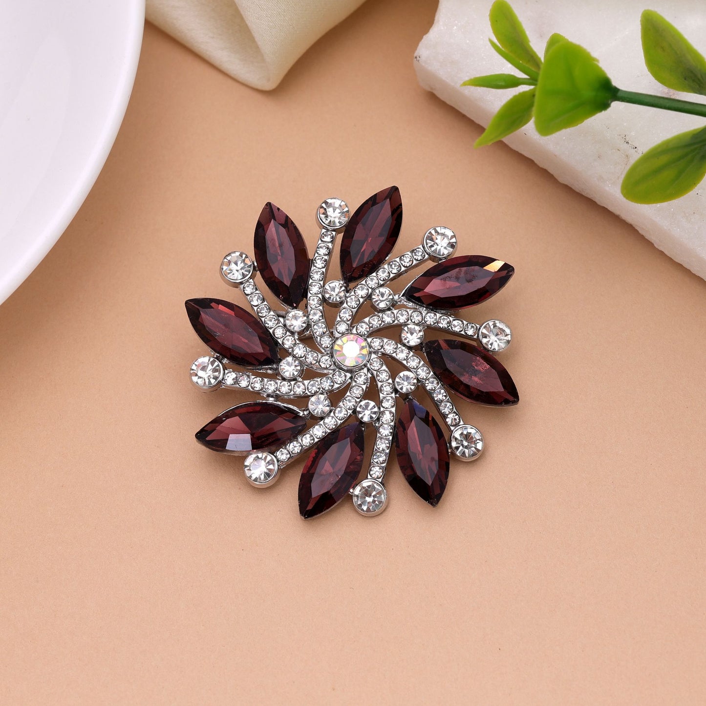 Maroon Color Floral Design Brooch Featuring Elegant Design with Traditional Jewelry Inspired Look
