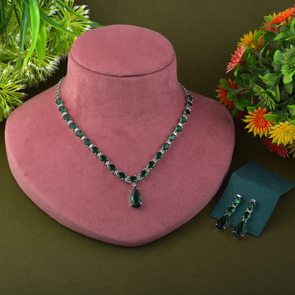 Green Color American Diamond Necklace Set With Elegant Floral Design