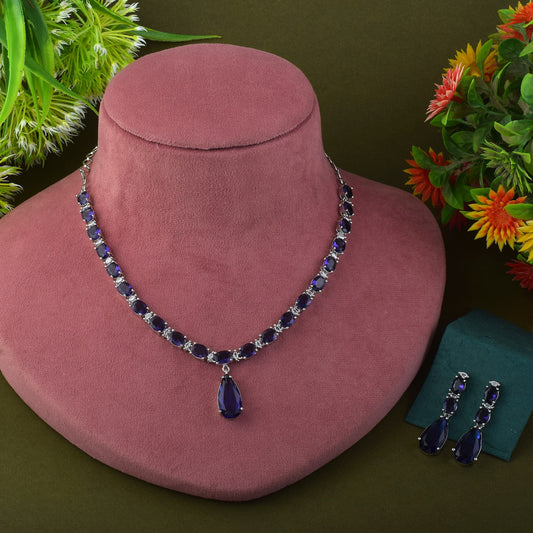 Purple Color American Diamond Necklace Set In Stylish Traditional Pattern