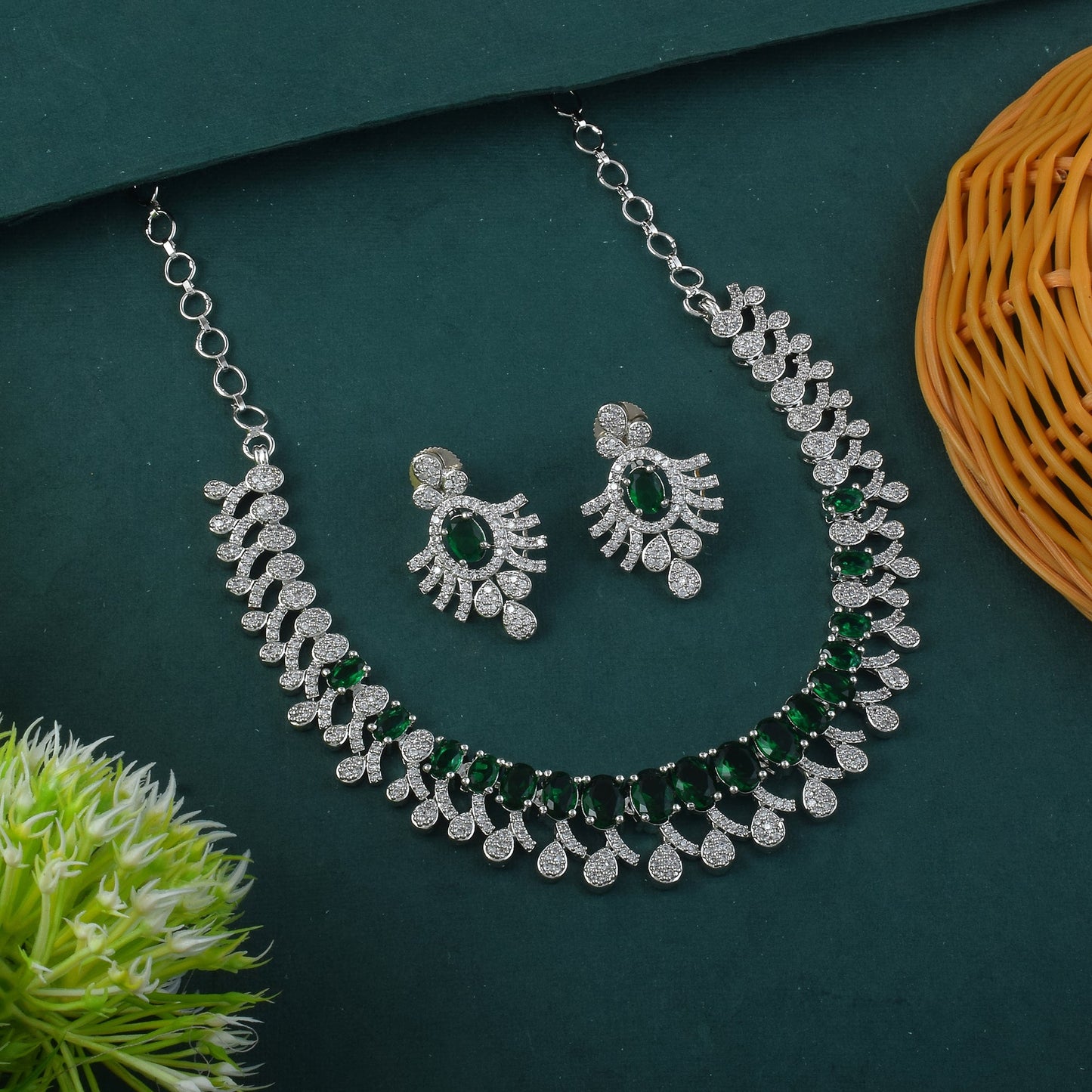 Green Color American Diamond Necklace Set With Modern Circular Stone Detailing