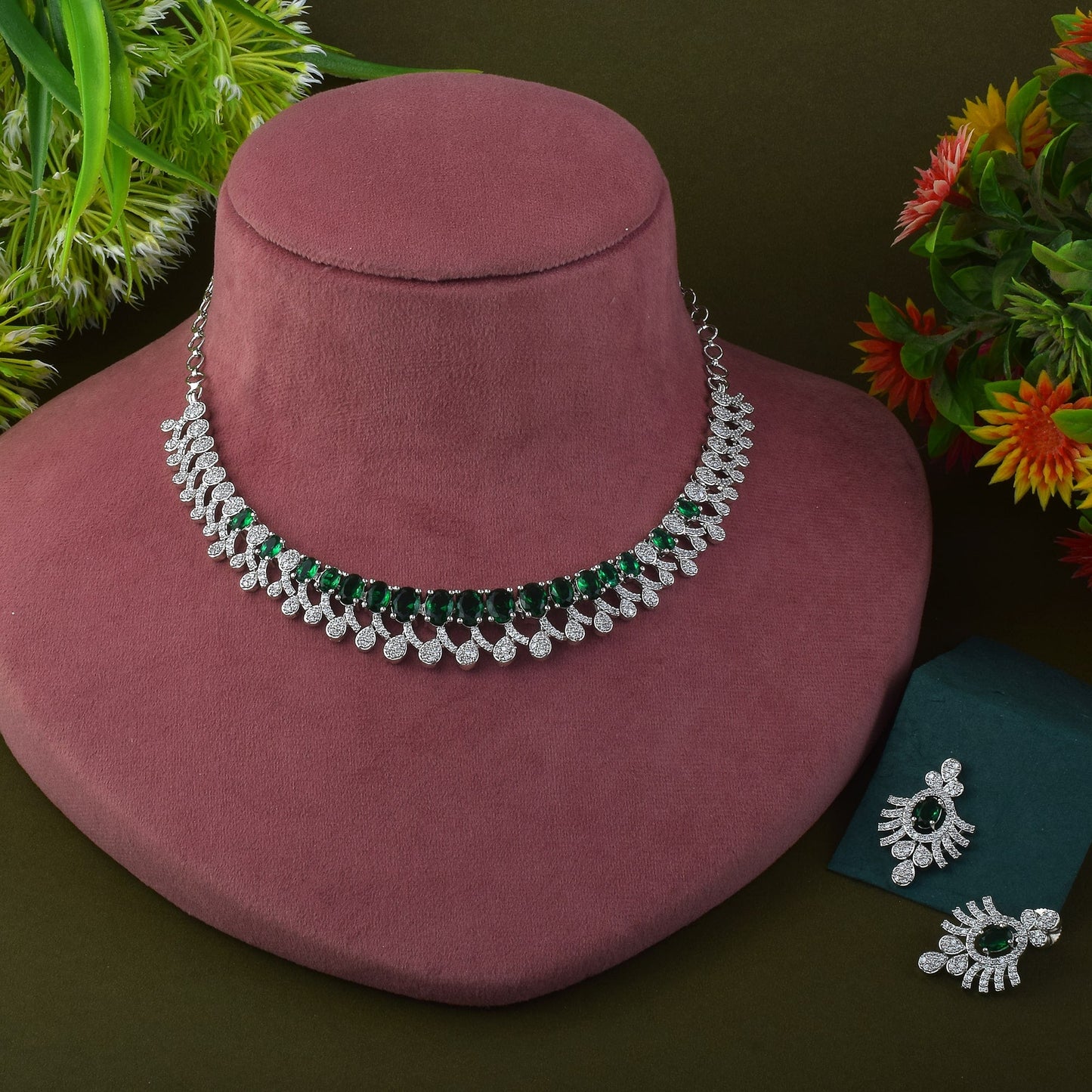 Green Color American Diamond Necklace Set With Modern Circular Stone Detailing
