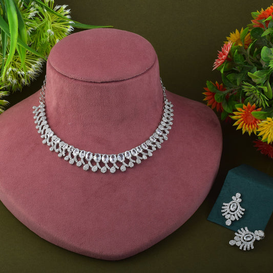 Silver Color American Diamond Necklace Set With Antique Inspired Pendant Style