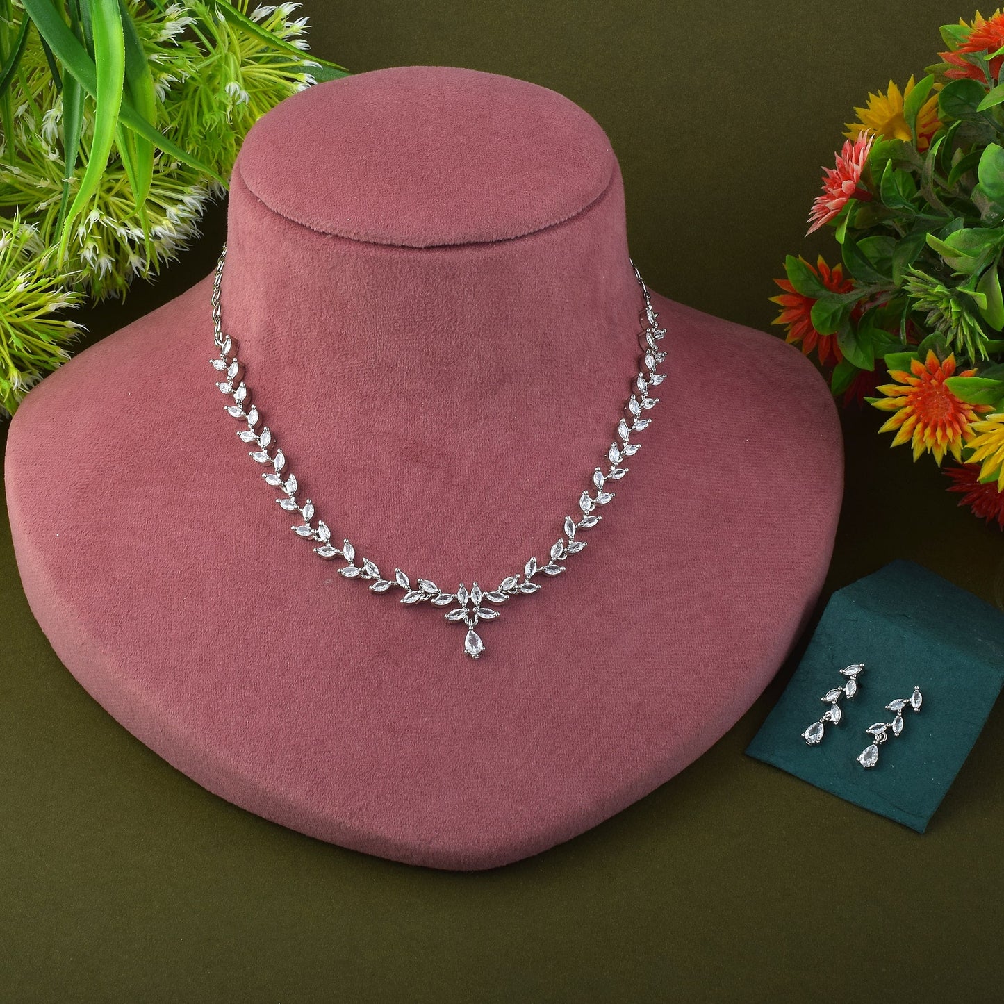 Silver Color American Diamond Necklace Set Featuring Crystal Droplet Design