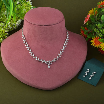 Silver Color American Diamond Necklace Set Featuring Crystal Droplet Design