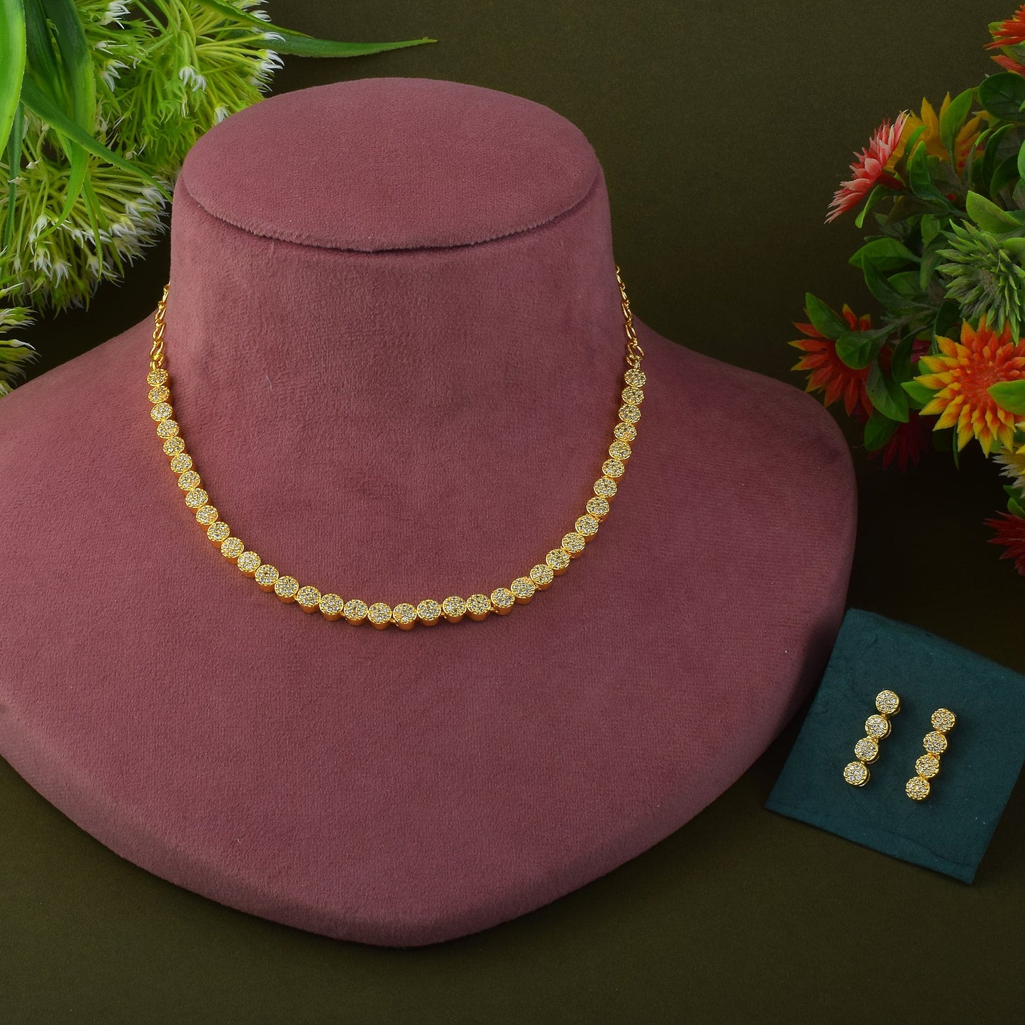 Gold Color American Diamond Necklace Set With Diamond-Like Centerpiece Charm