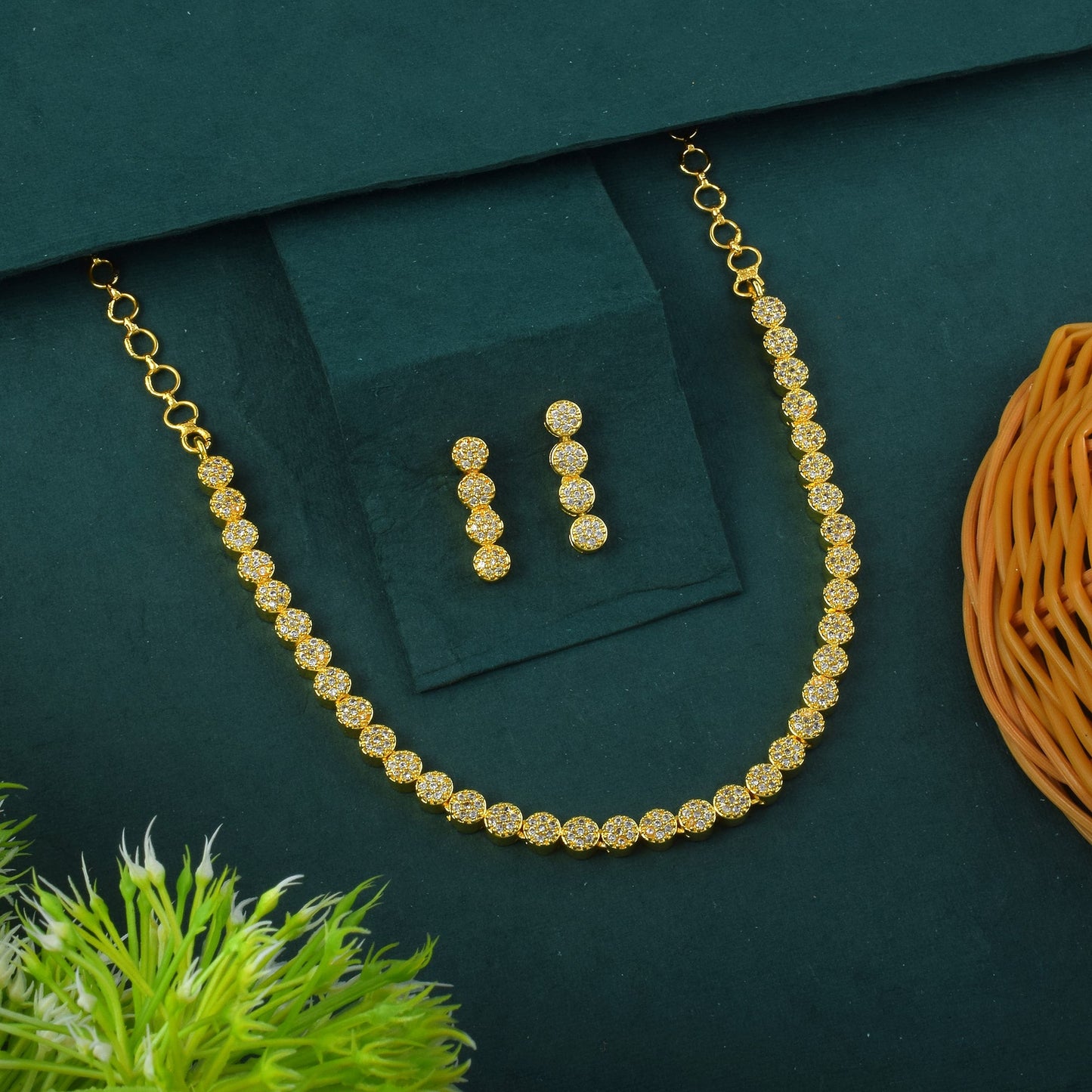 Gold Color American Diamond Necklace Set With Diamond-Like Centerpiece Charm