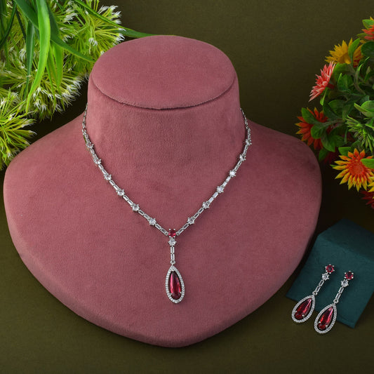 Ruby Color American Diamond Necklace Set With Floral Cluster Arrangement
