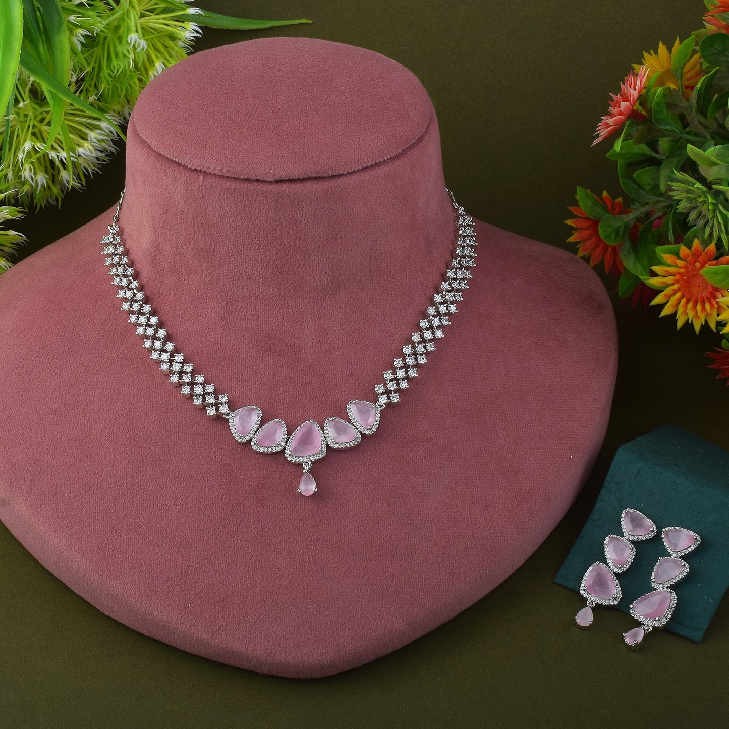 Pink Color American Diamond Necklace Set Designed For Bridal Occasions