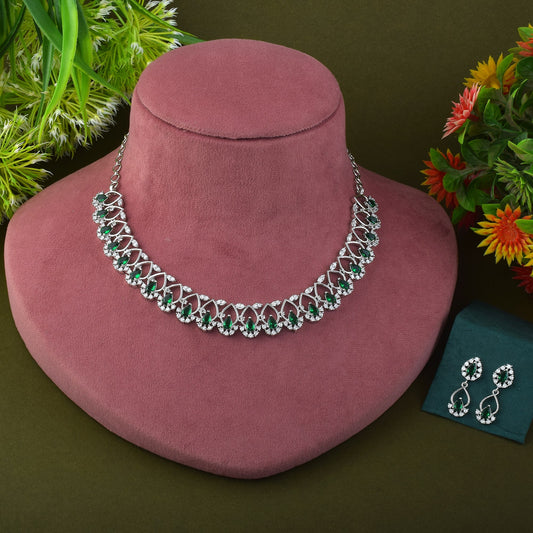 Green Color American Diamond Necklace Set With Multi-Stone Decorative Look