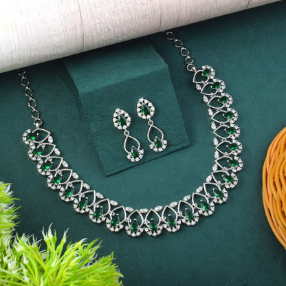 Green Color American Diamond Necklace Set With Multi-Stone Decorative Look
